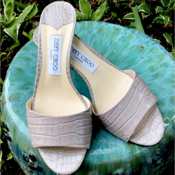 JIMMY CHOO (38*) Stacey Croc Embossed LEATHER Slide Sandal, Imported, Pre-owned - Picture 7 of 12